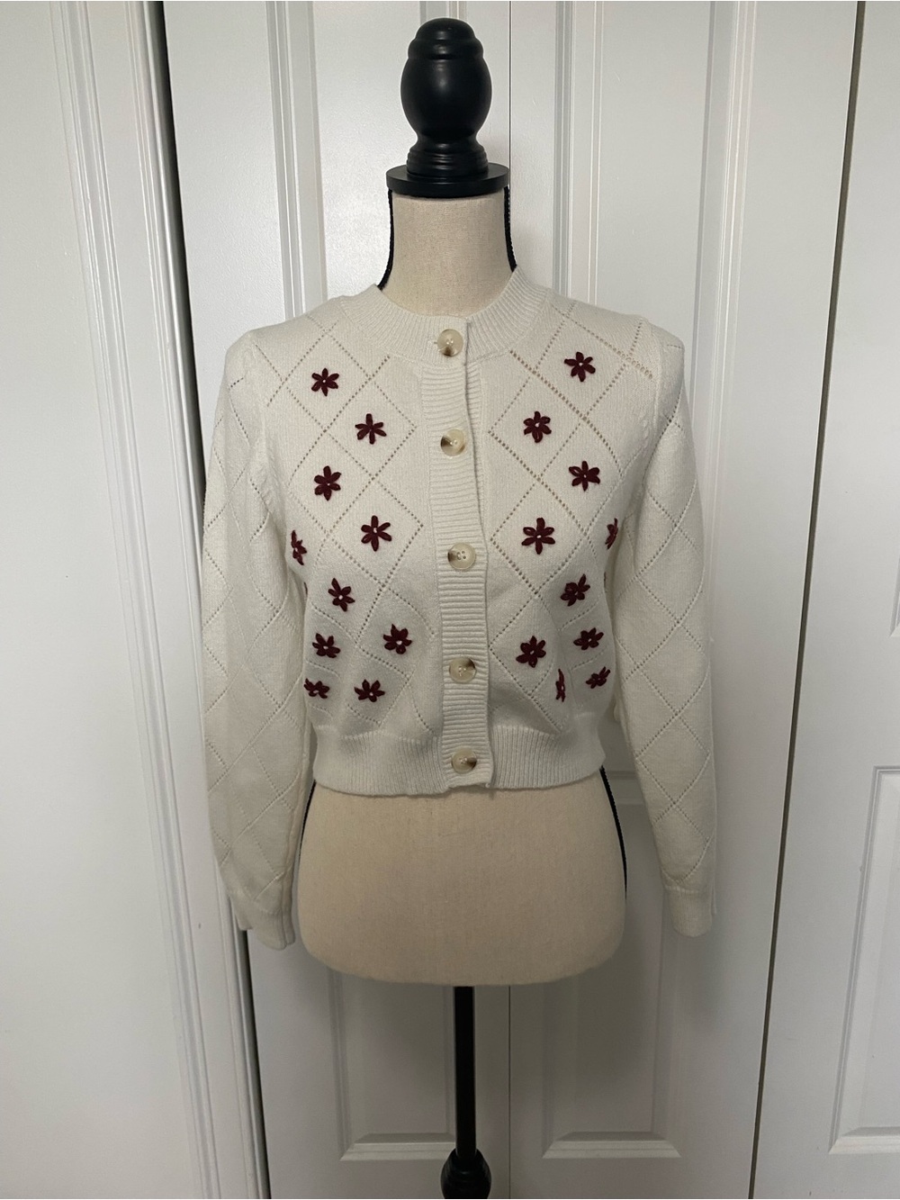 Willow & Wind Ivory Knit Cardigan with Burgundy Floral Embroidery